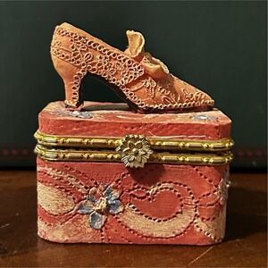 Pink Floral Shoe Trinket Box Hinged Lid Collectible Decorative